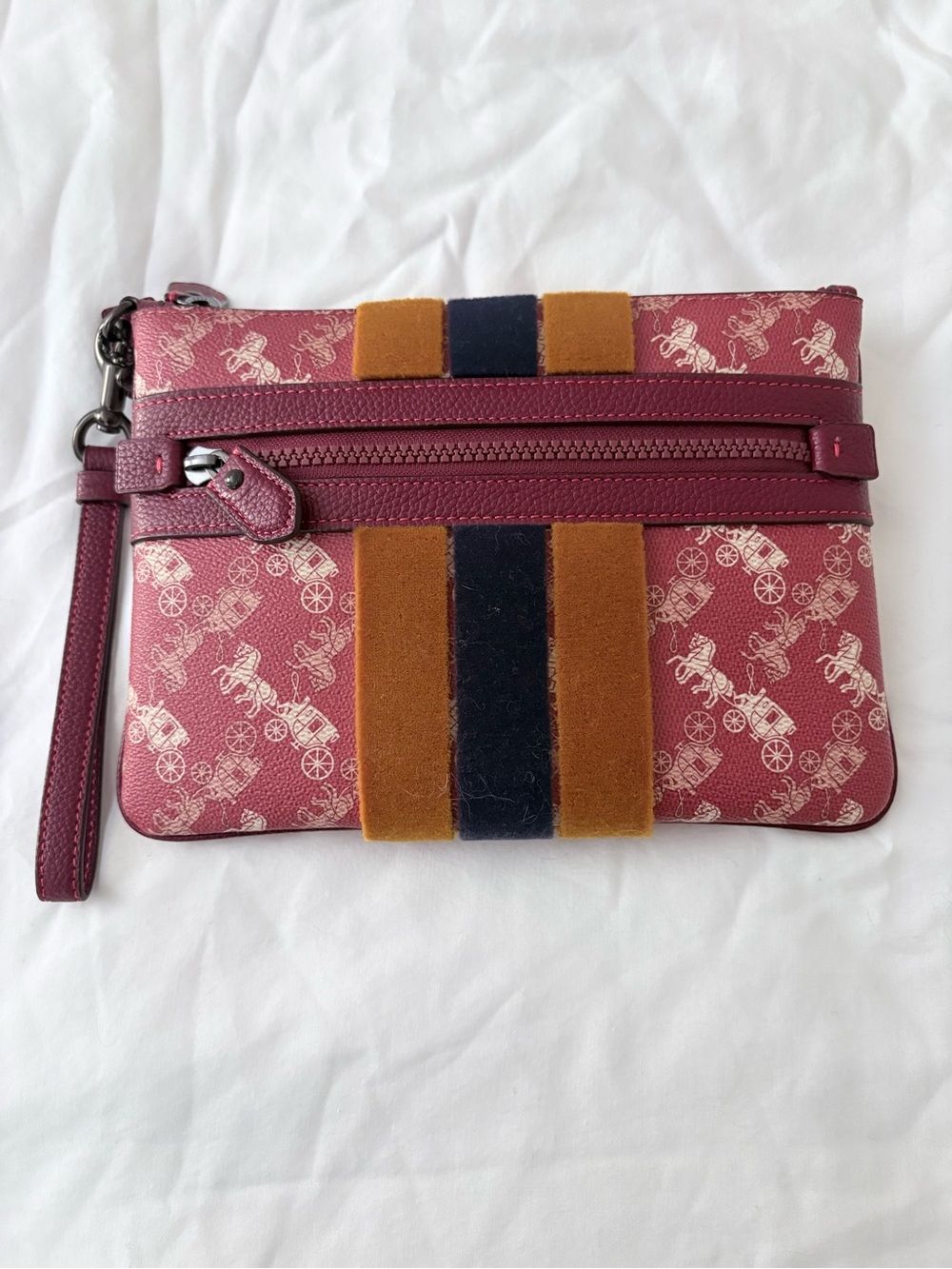 Coach Large Front Zip Wristlet in Horse and Carriage Print with Varsity Stripe